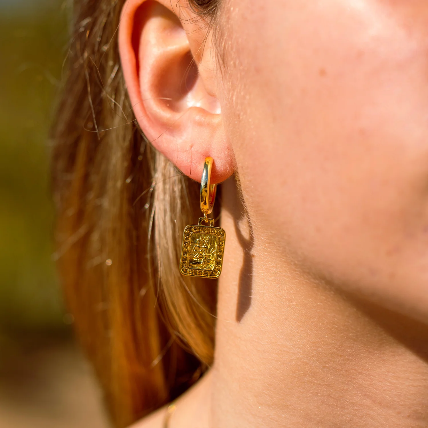 Gold St. Christopher Rectangle Earrings - Image 3