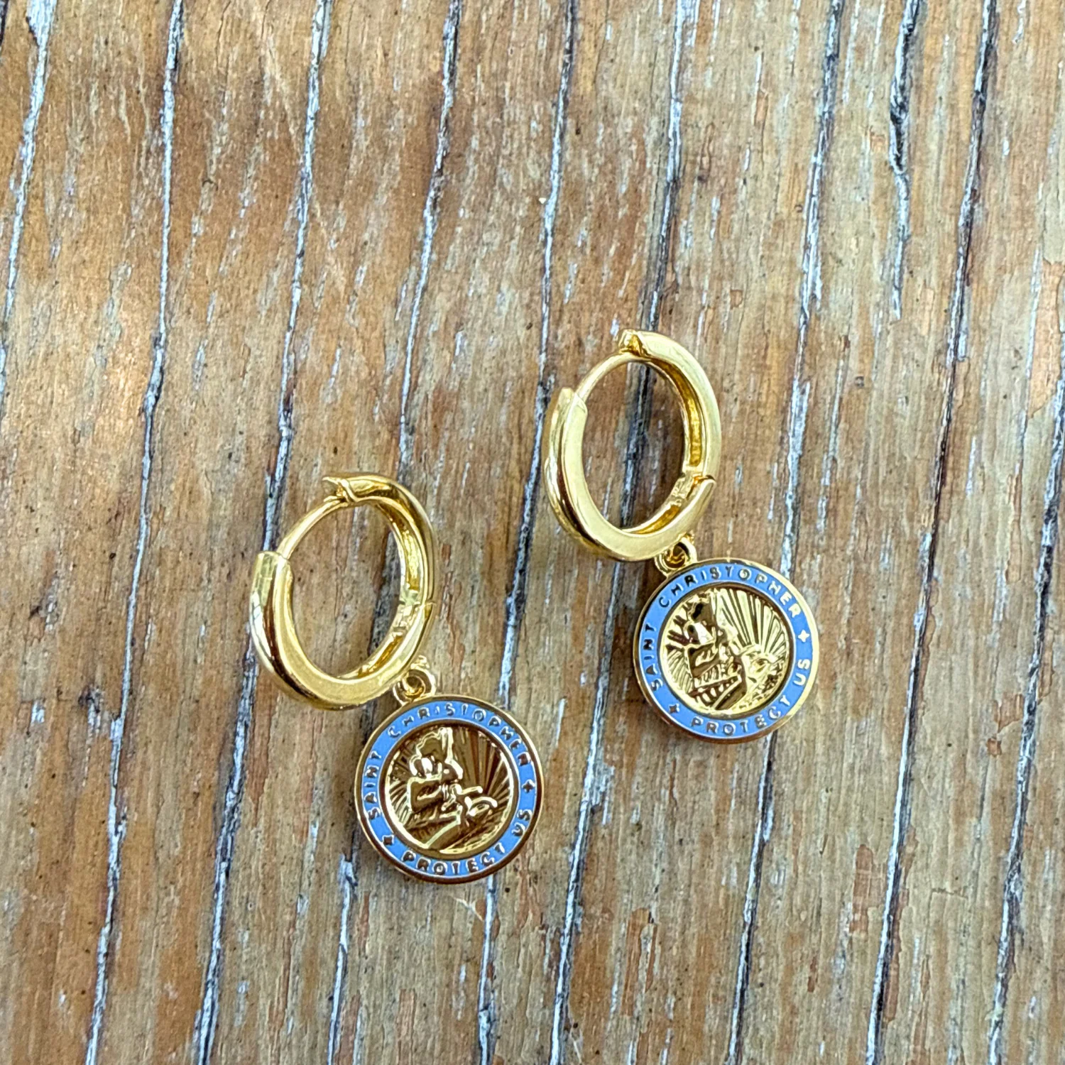 The Imperfect Archive  - Gold / Baby Blue St. Christopher Earrings - Image 3
