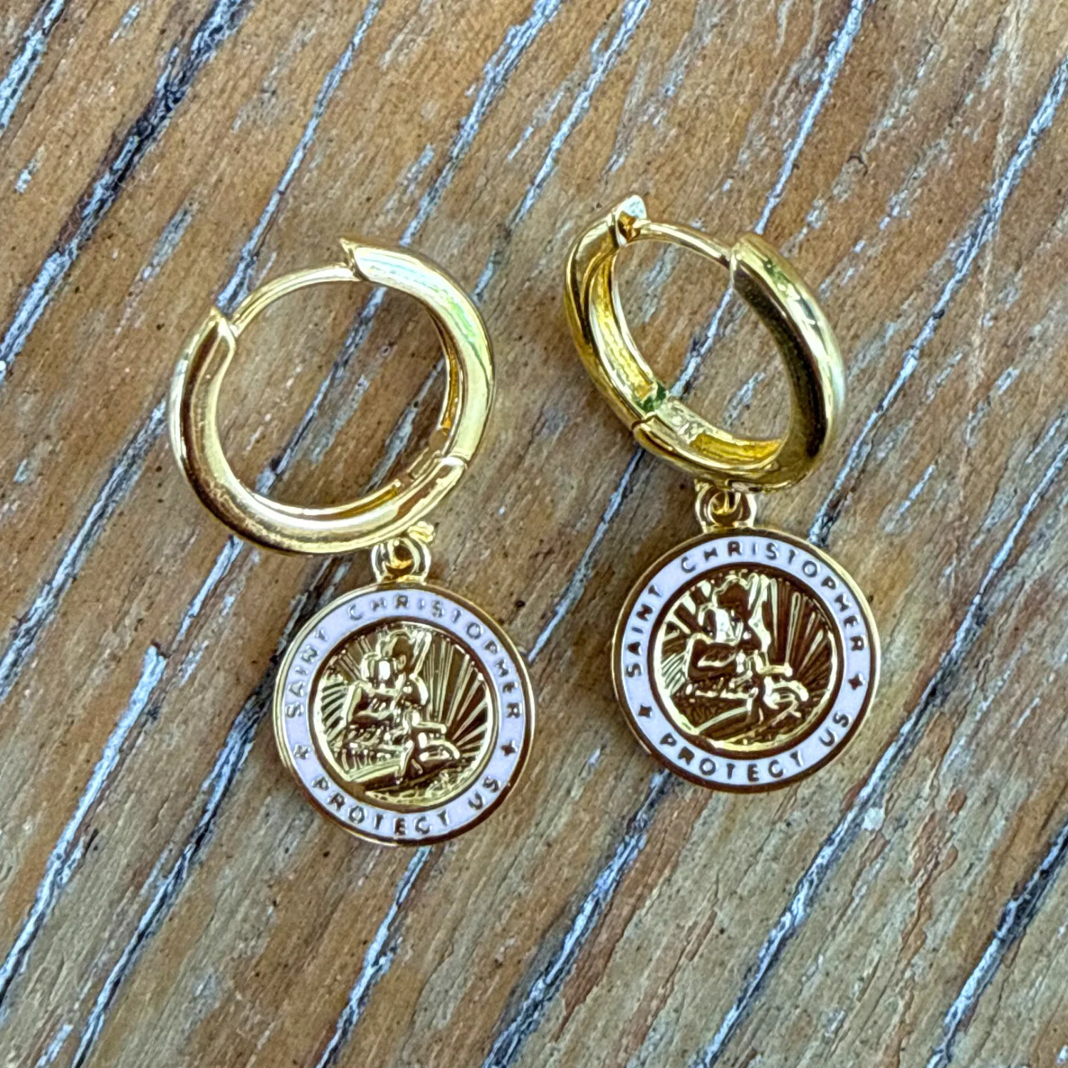 The Imperfect Archive  - Gold / Pink St. Christopher Earrings - Image 3