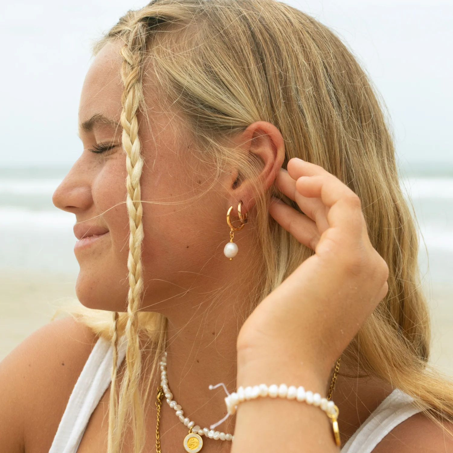 Shoreline Pearl Hoop Earrings - Gold - Image 3
