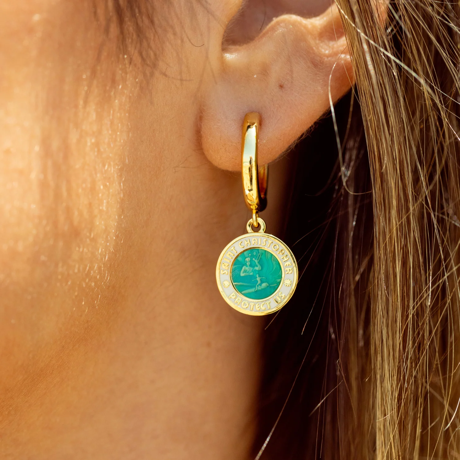 St. Christopher Earrings - Gold / Aqua White - Image 4