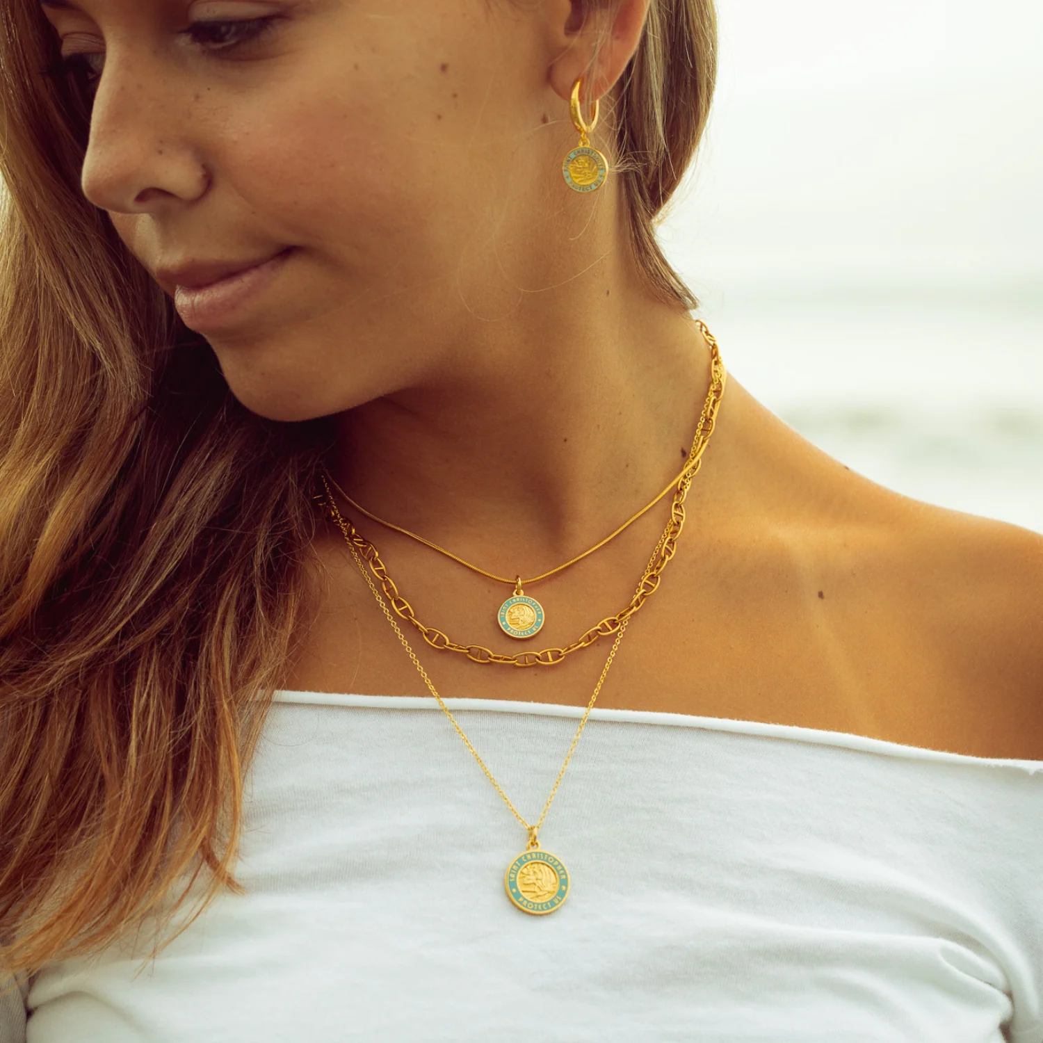 St. Christopher Earrings - Gold / Baby Blue - Image 3
