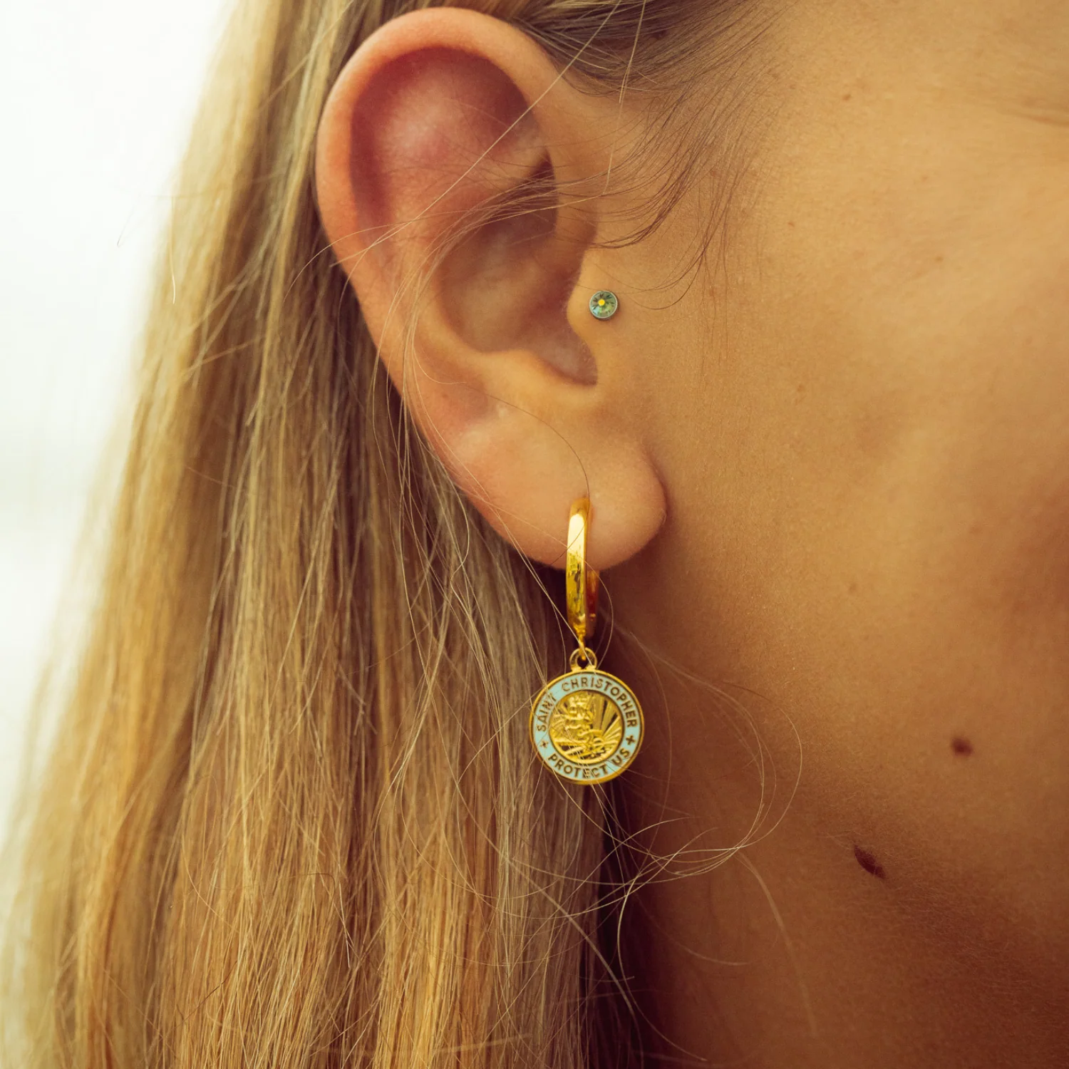 St. Christopher Earrings - Gold / Baby Blue - Image 4