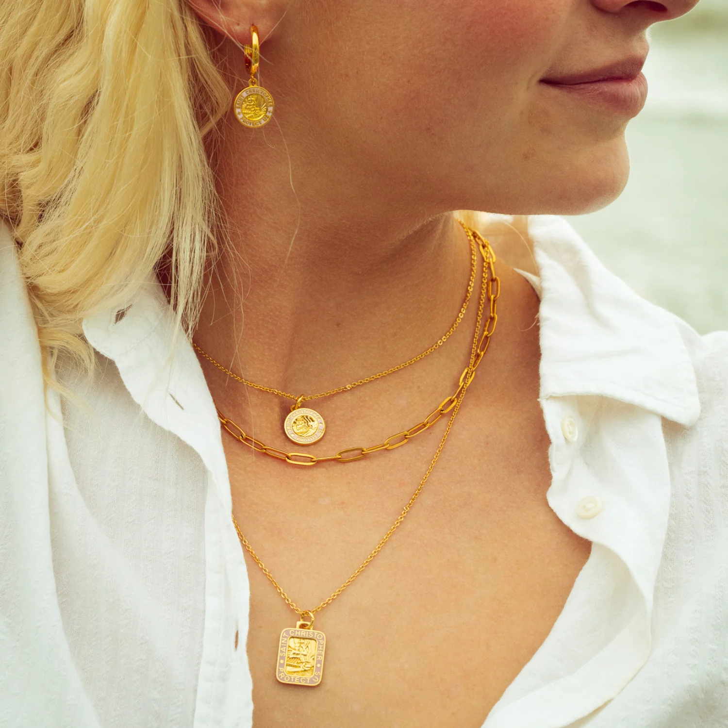 St. Christopher Earrings - Gold / Pink - Image 3