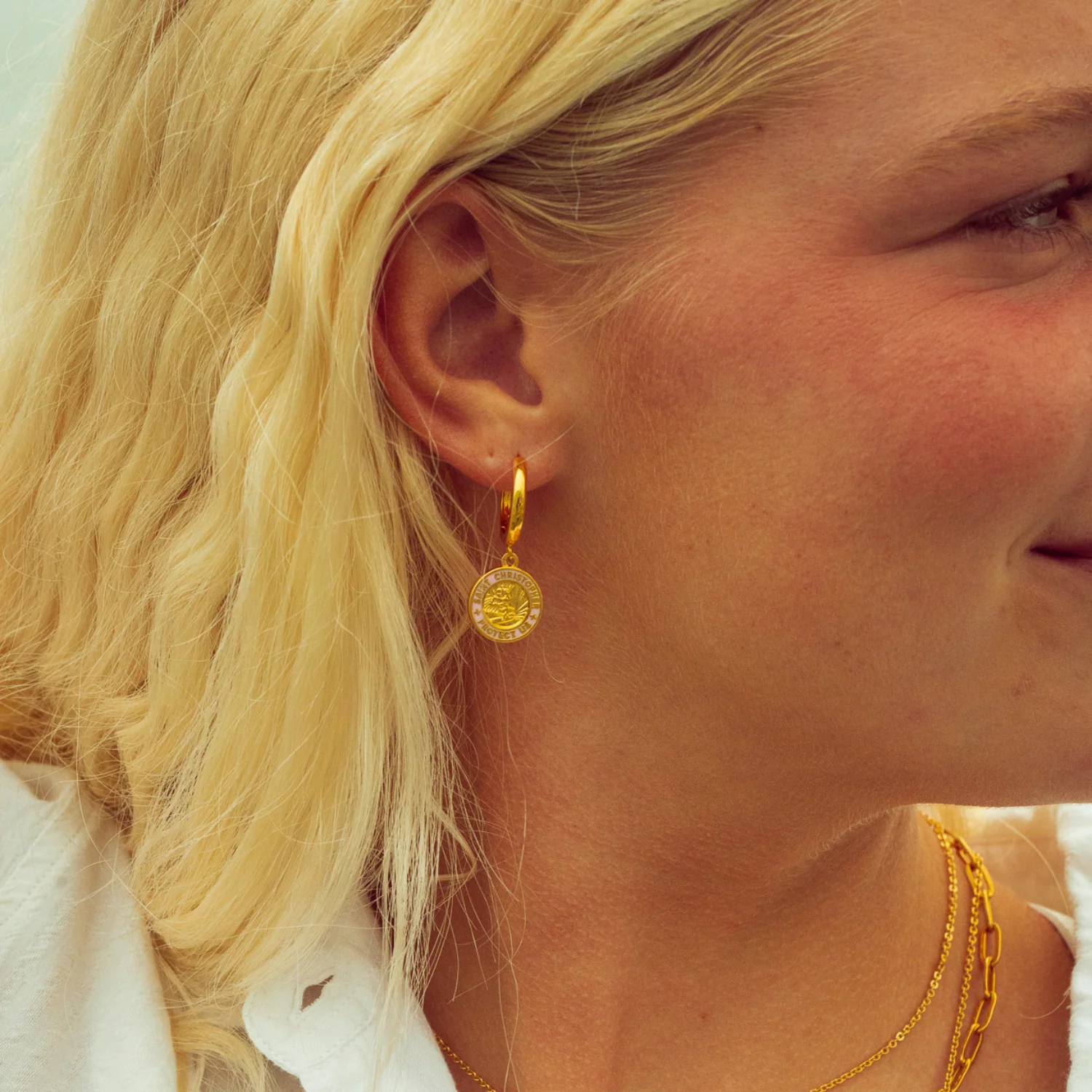 St. Christopher Earrings - Gold / Pink - Image 4