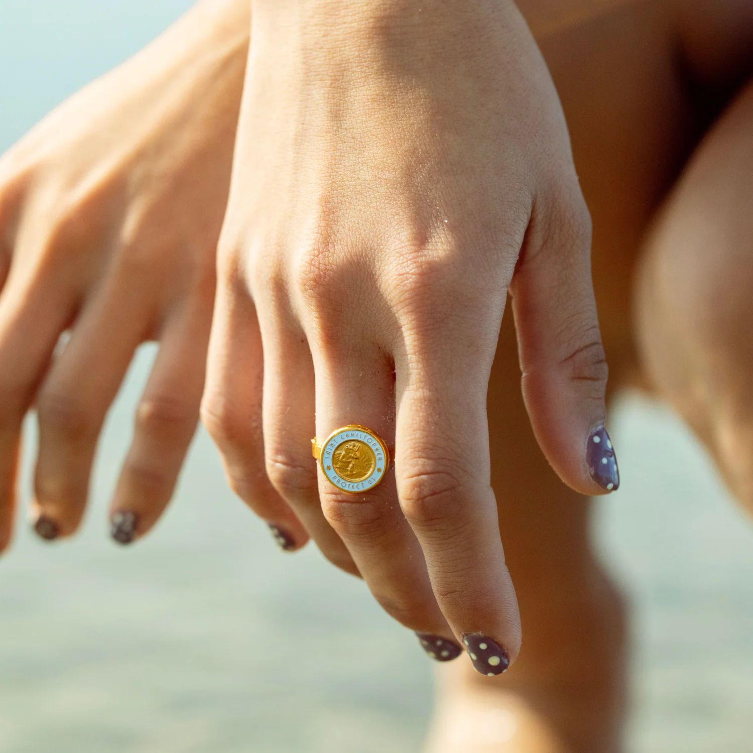 St. Christopher Ring - Gold / Baby Blue - Image 5