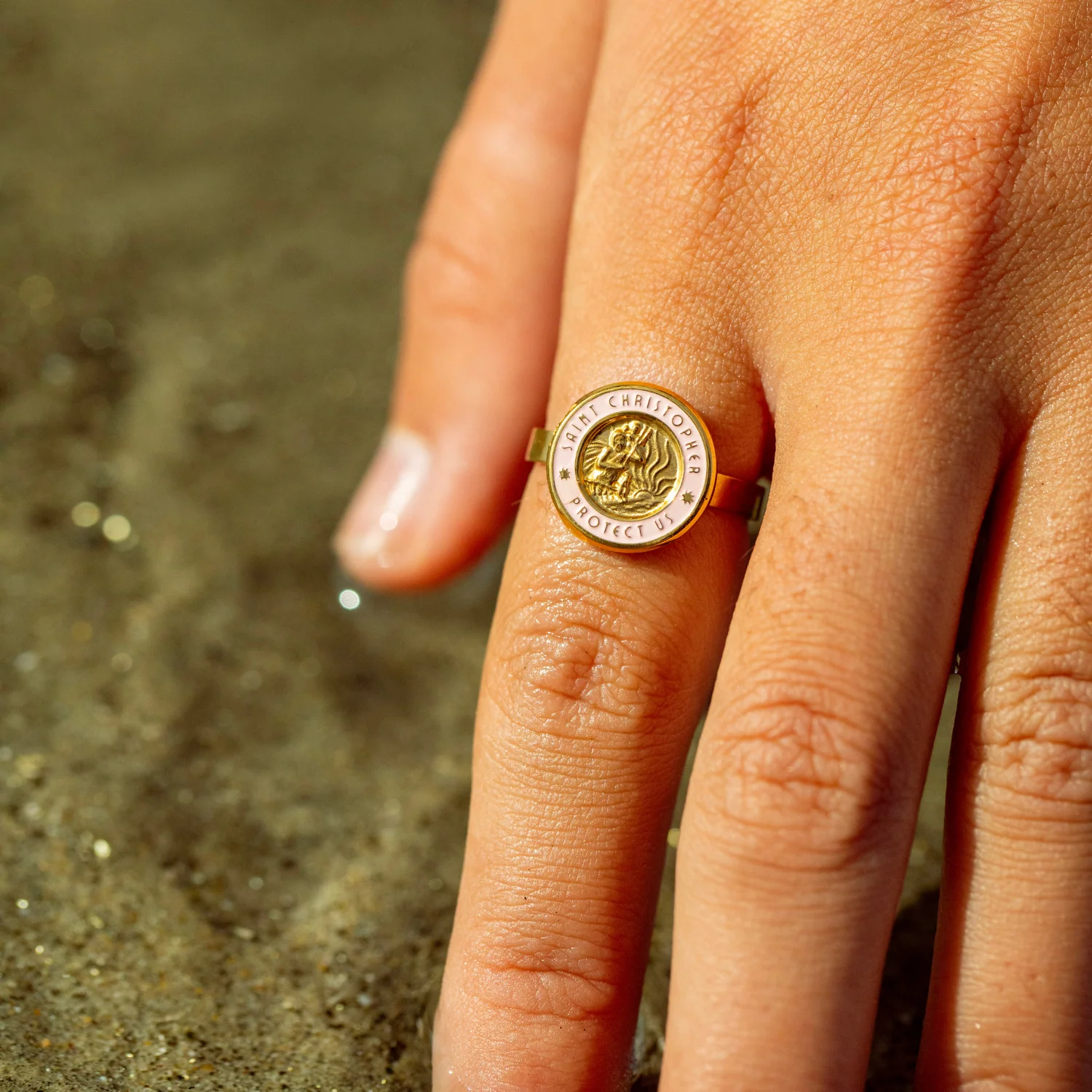 St. Christopher Ring - Gold / Pink - Image 5